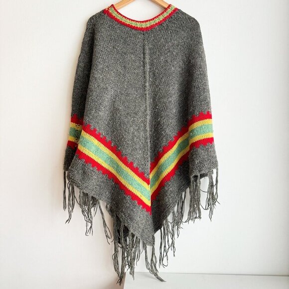 Vintage Wool Handknit Fringe Hem Poncho OS - Picture 2 of 4